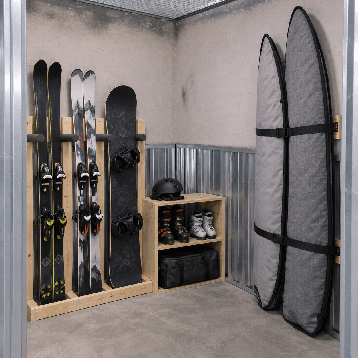 Box de stockage intérieur avec rangements pour skis, snowboards et planches de surf