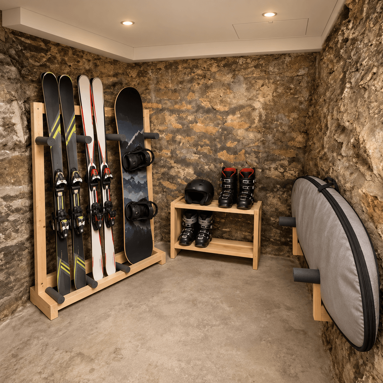 Stone cellar with a suspended ceiling and racks for skis, a snowboard, boots and a surfboard in its bag
